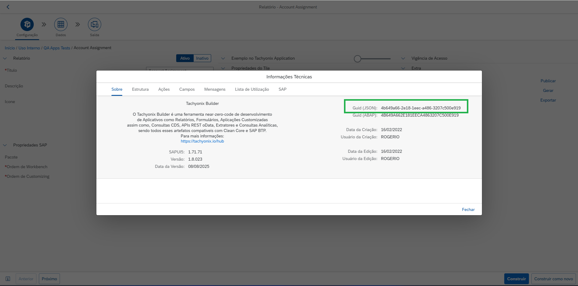 Diálogo Informações Técnicas do Tachyonix Builder com o campo GUID (JSON) em destaque