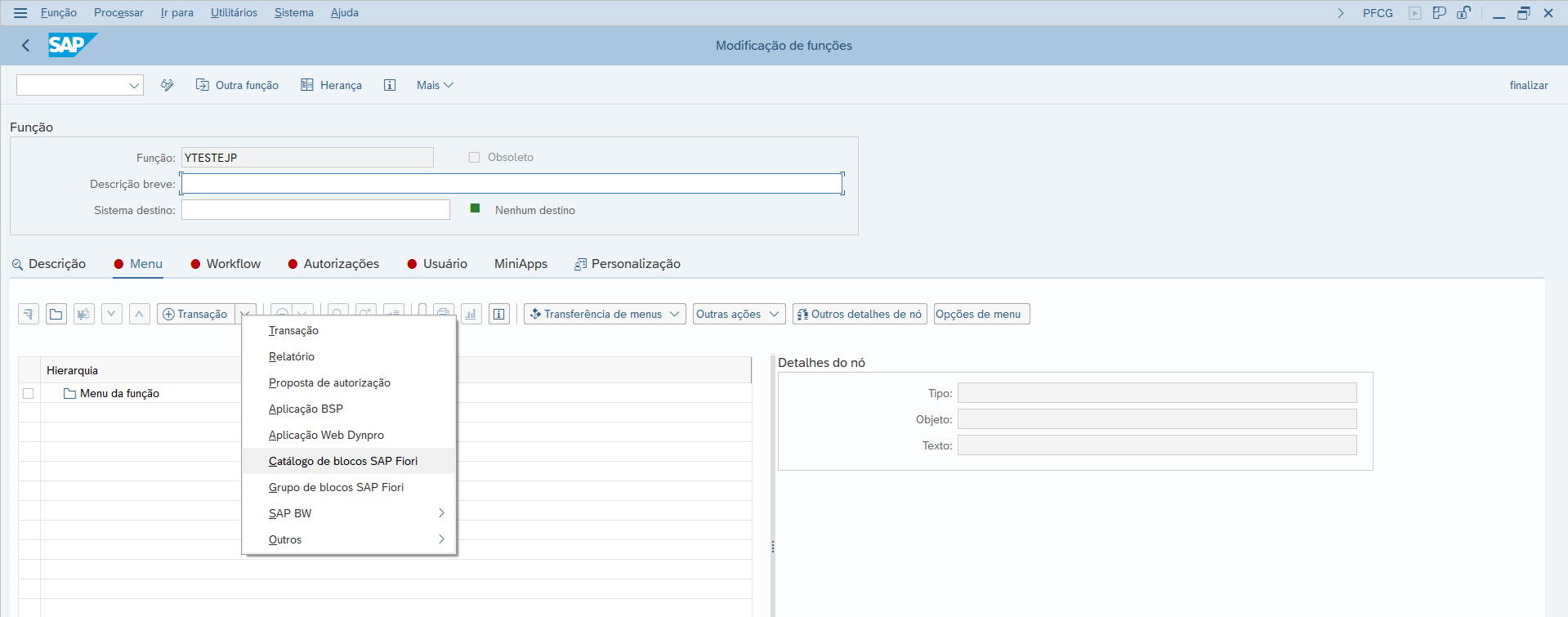 Transação PFCG com as opções de catálogo e grupo de blocos SAP Fiori no menu da função