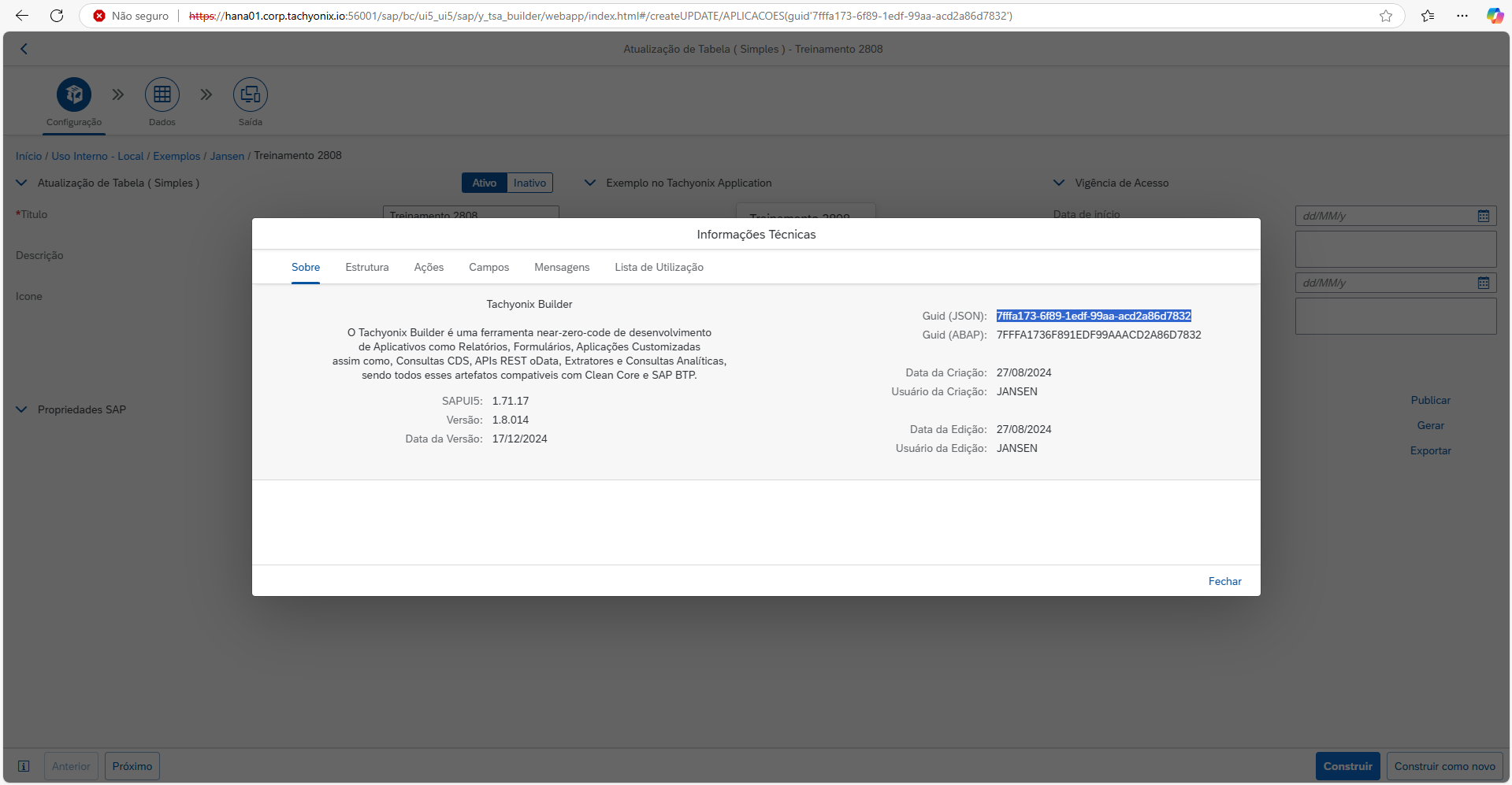 Diálogo Informações Técnicas com o campo GUID (JSON) em destaque