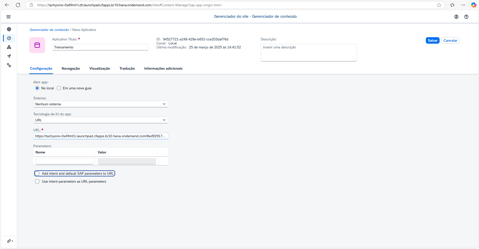 Aba Configuração com o campo URL preenchido e a opção Add intent desmarcada