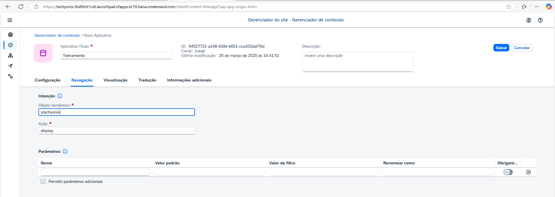 Aba Navegação com Objeto Semântico ytachyonix e Ação display