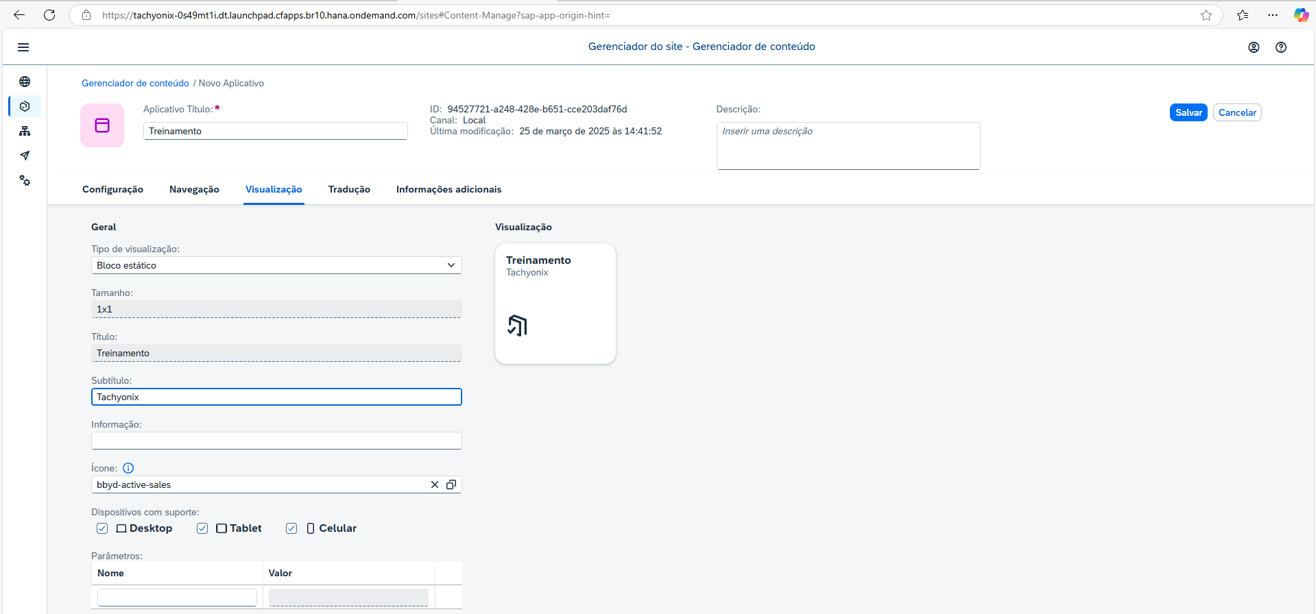 Aba Visualização com subtítulo e ícone do tile