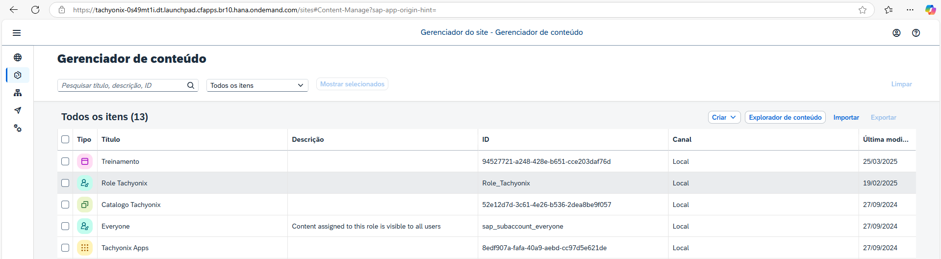 Item Role Tachyonix na lista do Gerenciador de conteúdo