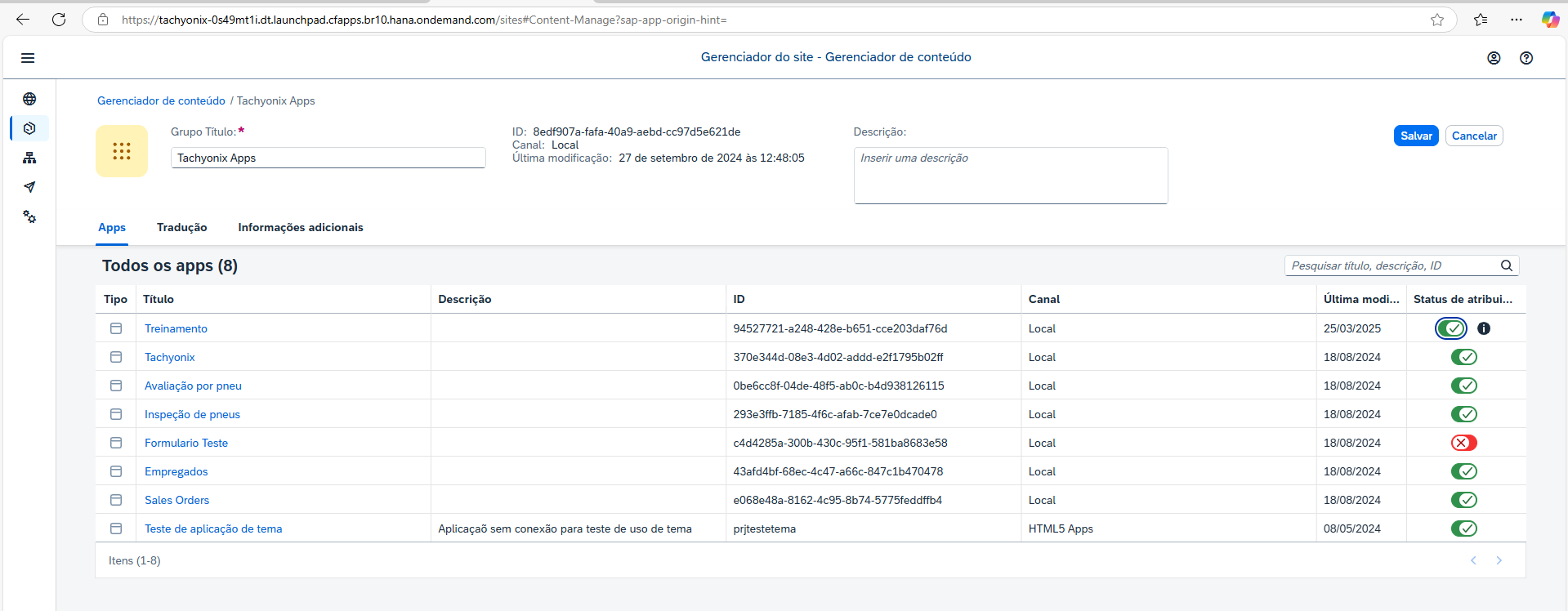 Interruptor de status do tile ligado (verde) no grupo