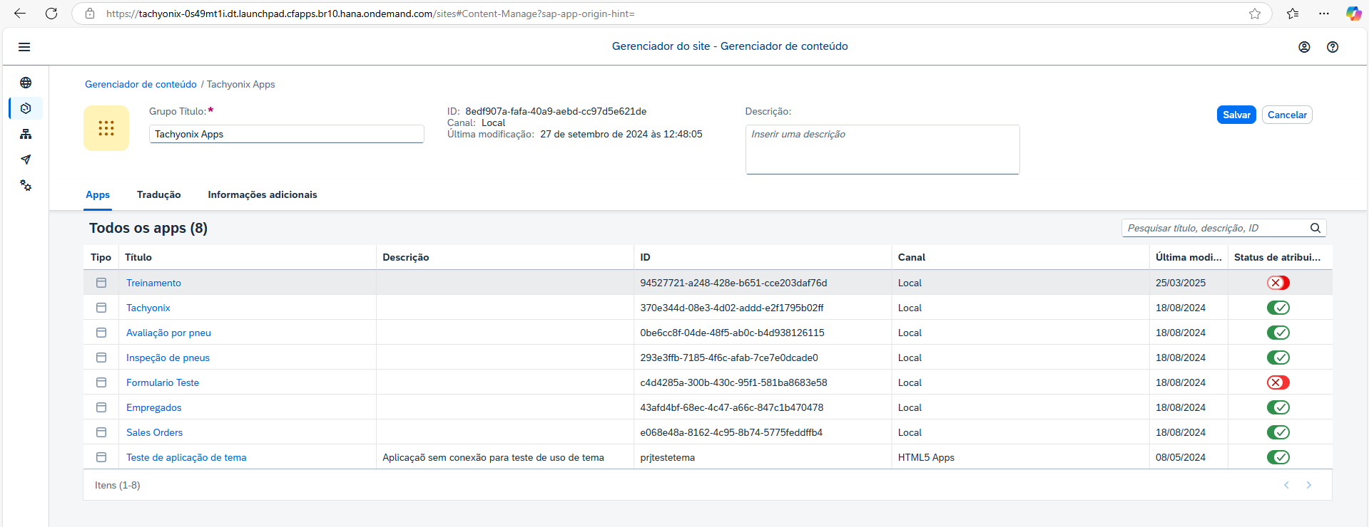Lista de apps do grupo com o interruptor de status desligado