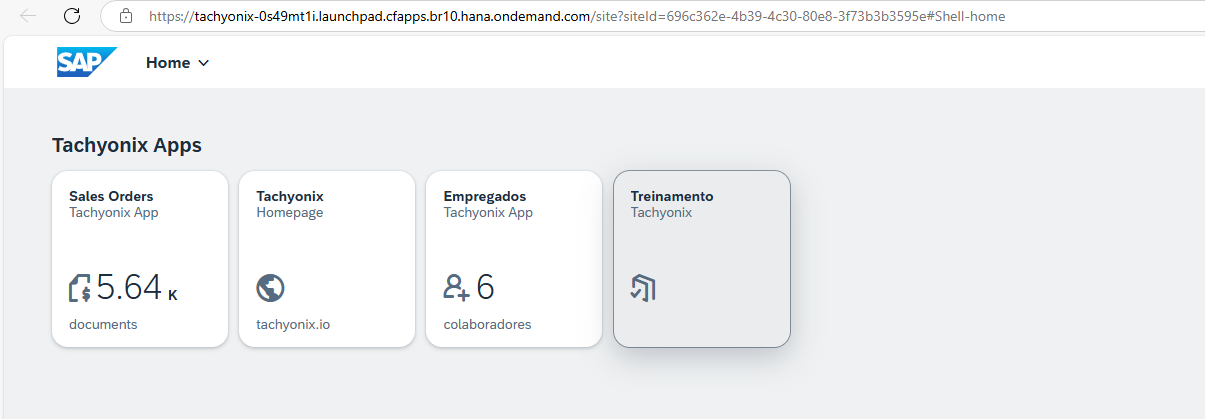 Home do SAP Build Work Zone com o grupo Tachyonix Apps e seus tiles